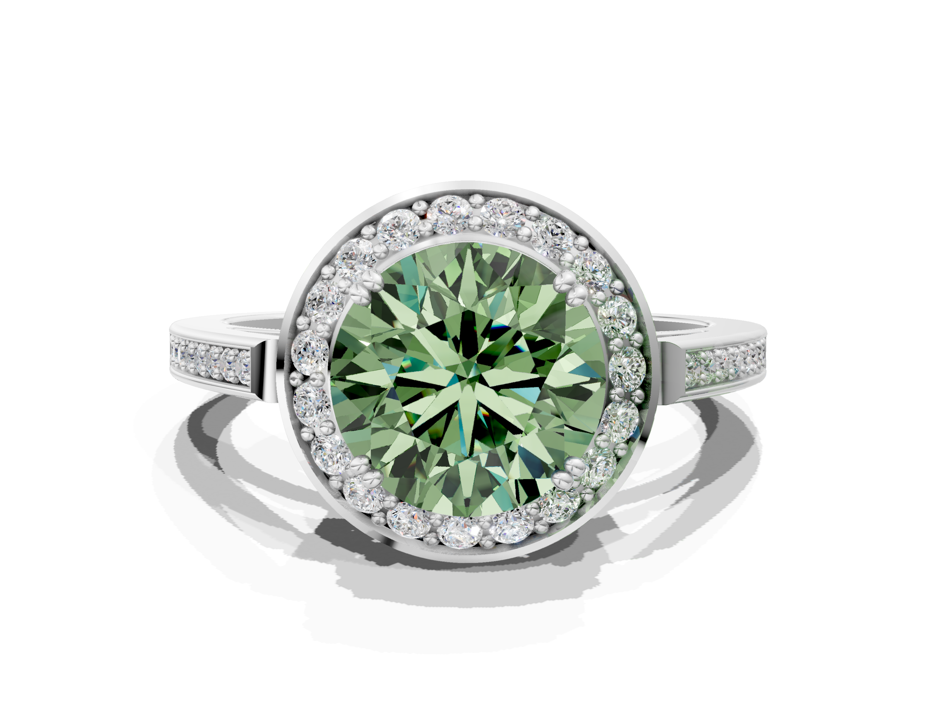 White gold Fancy Green Round  Halo Diamond Ring with Split Shank and Four-Prong Setting_59