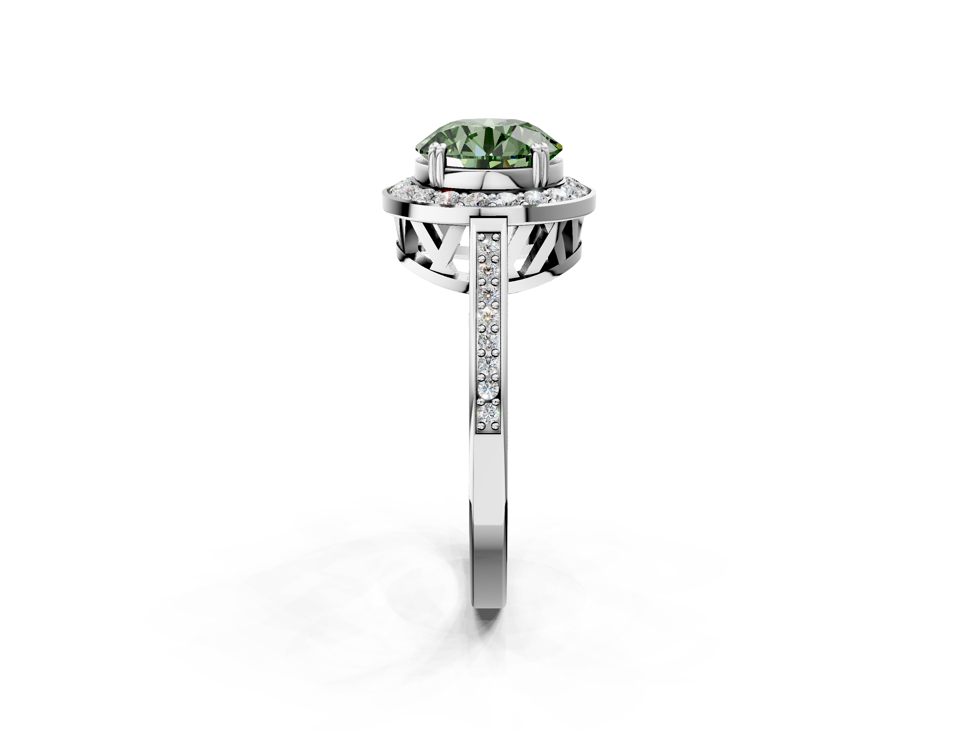 White gold Fancy Green Round  Halo Diamond Ring with Split Shank and Four-Prong Setting_61