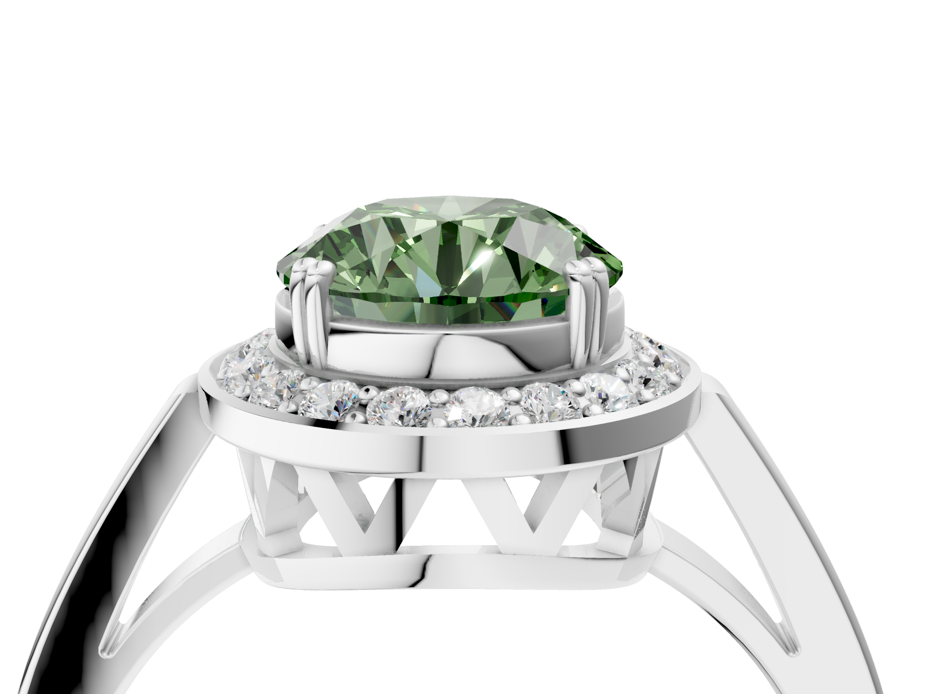 White gold Fancy Green Round  Halo Diamond Ring with Split Shank and Four-Prong Setting_63