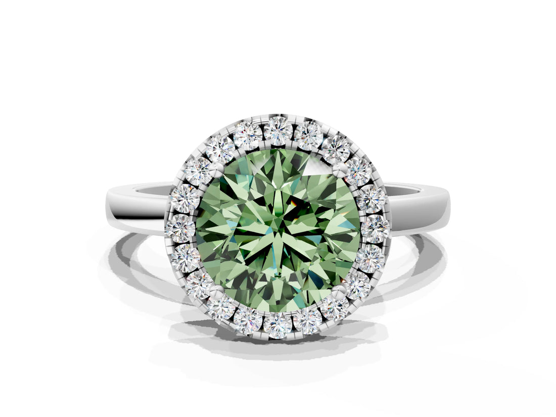 White gold Fancy Green Round  Halo Diamond Solitaire with Pavé Band and Four-Prong Setting_104