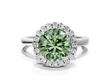 White gold Fancy Green Round  Halo Diamond Solitaire with Pavé Band and Four-Prong Setting_104