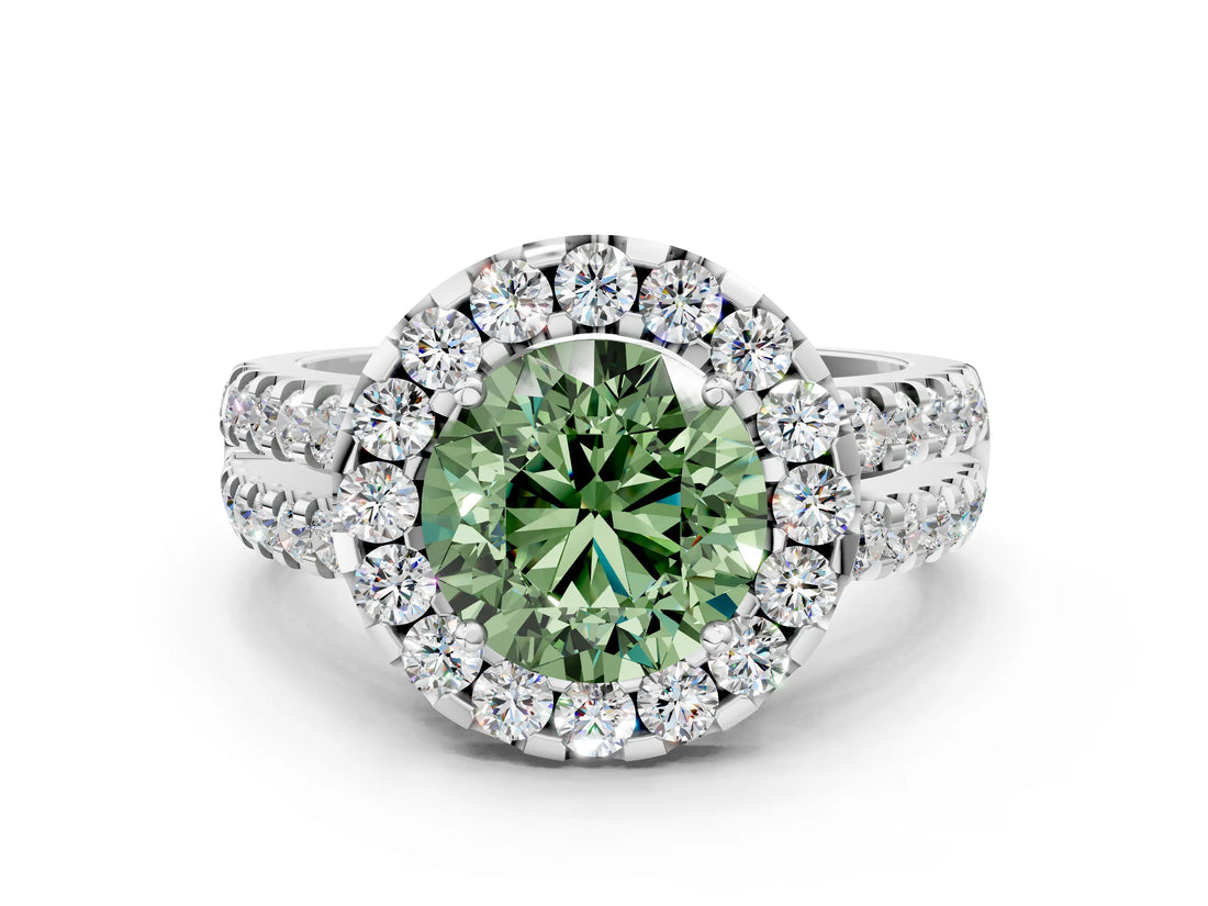 White gold Fancy Green Round  Halo Diamond Split Shank Engagement Ring with Prong Setting_176