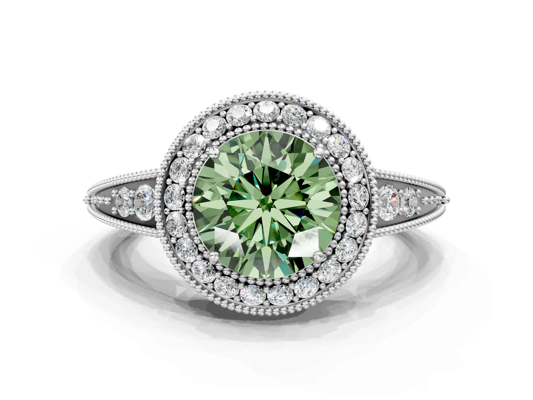 White gold Fancy Green Round  Halo Diamond Split Shank Ring with Milgrain Detail_48