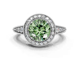 White gold Fancy Green Round  Halo Diamond Split Shank Ring with Milgrain Detail_49