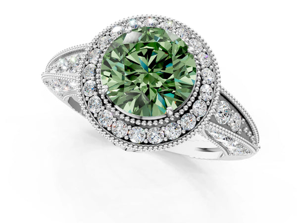 White gold Fancy Green Round  Halo Diamond Split Shank Ring with Milgrain Detail