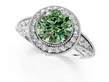White gold Fancy Green Round  Halo Diamond Split Shank Ring with Milgrain Detail_50