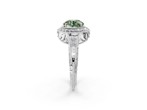 White gold Fancy Green Round  Halo Diamond Split Shank Ring with Milgrain Detail