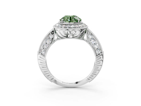 White gold Fancy Green Round  Halo Diamond Split Shank Ring with Milgrain Detail