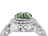 White gold Fancy Green Round  Halo Diamond Split Shank Ring with Milgrain Detail_53