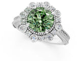 White gold Fancy Green Round  Halo Milgrain Pave Diamond Ring with Four-Prong Setting 1