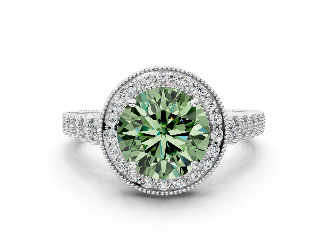 White gold Fancy Green Round  Halo Milgrain Solitaire with Bezel Set Side Stones and Pave Band_31