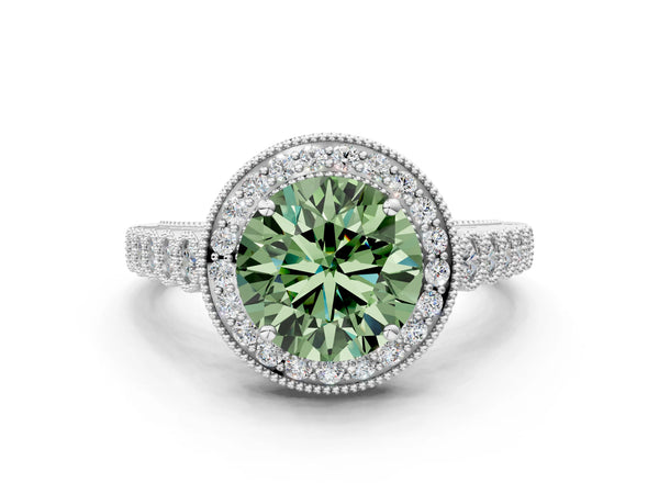 Platinum Round Milgrain Halo Engagement Ring Setting for Fancy Green Center with Graduated Band