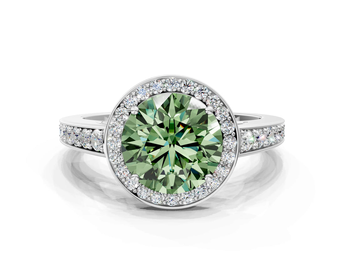 White gold Fancy Green Round  Halo Pavé Diamond Engagement Ring with Bezel Setting_49