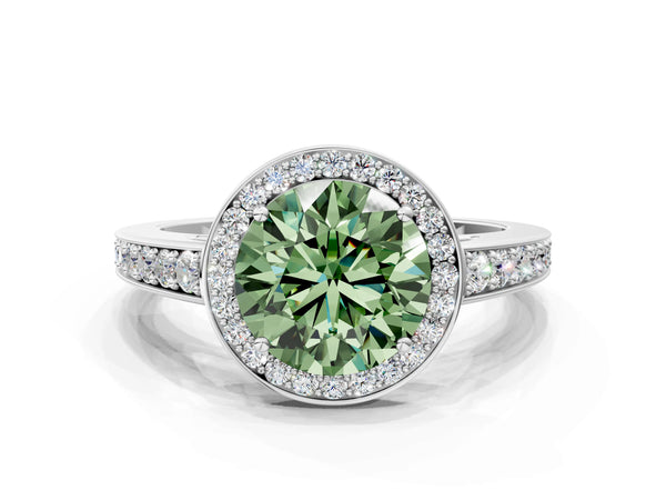 White gold Fancy Green Round  Halo Pavé Diamond Engagement Ring with Bezel Setting