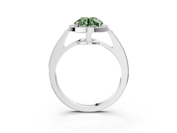White gold Fancy Green Round  Halo Pavé Diamond Engagement Ring with Bezel Setting