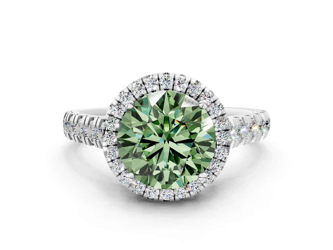 White gold Fancy Green Round  Halo Pavé Diamond Engagement Ring with Four-Prong Setting_26
