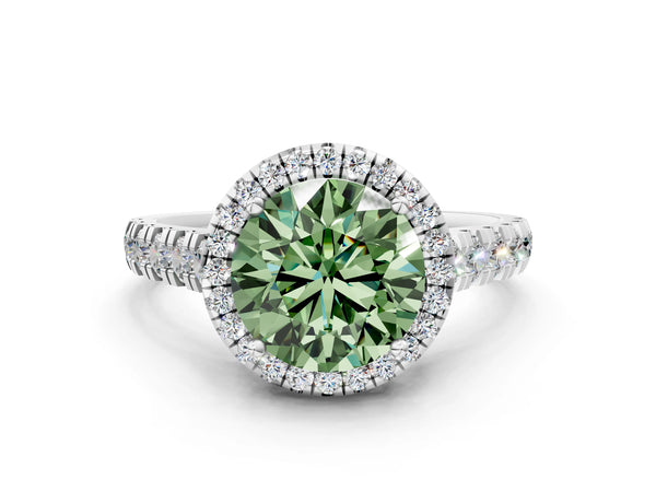 White gold Fancy Green Round  Halo Pavé Diamond Engagement Ring with Four-Prong Setting