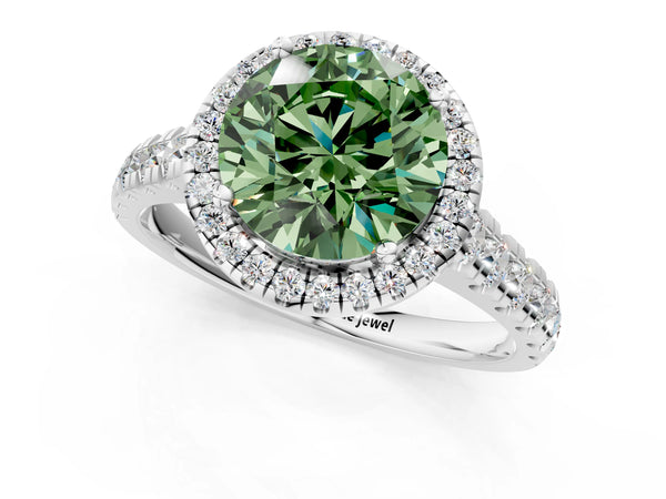White gold Fancy Green Round  Halo Pavé Diamond Engagement Ring with Four-Prong Setting