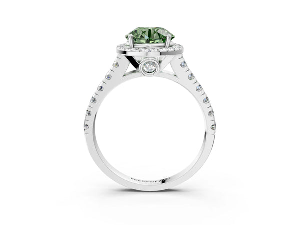 White gold Fancy Green Round  Halo Pavé Diamond Engagement Ring with Four-Prong Setting
