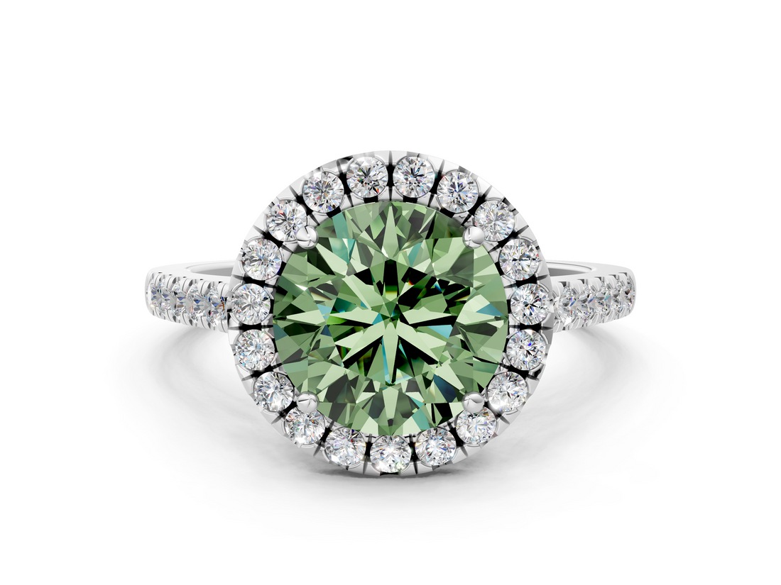 White gold Fancy Green Round  Halo Pavé Diamond Engagement Ring with Four-Prong Setting_3