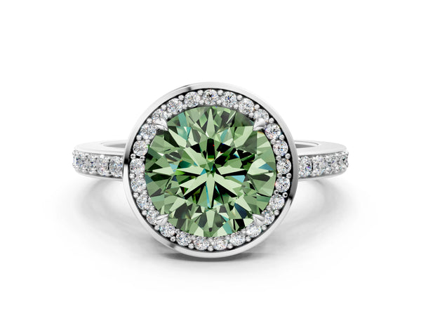 Platinum Fancy Green Round  Halo Pave Band Solitaire Ring with Prong Setting