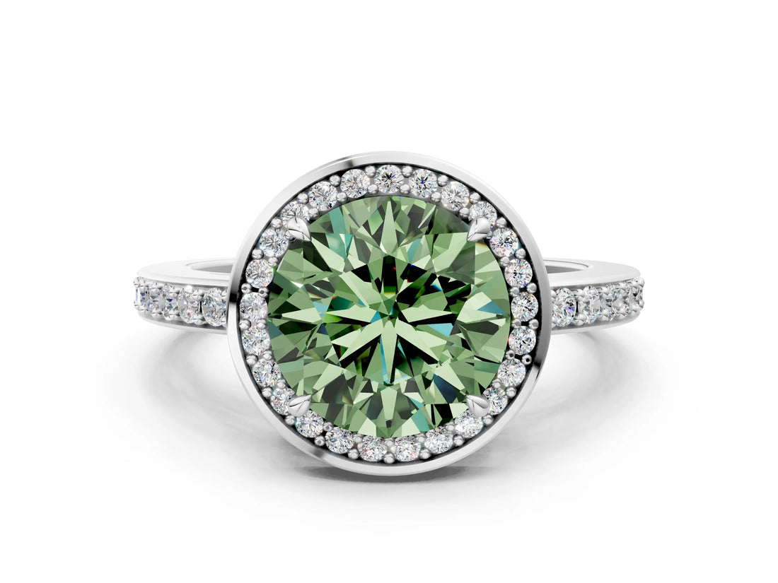 White gold Fancy Green Round  Halo Pave Band Solitaire Ring with Prong Setting_66