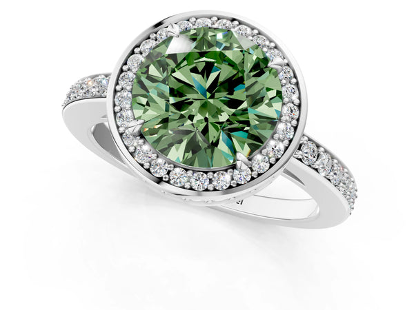 Platinum Fancy Green Round  Halo Pave Band Solitaire Ring with Prong Setting