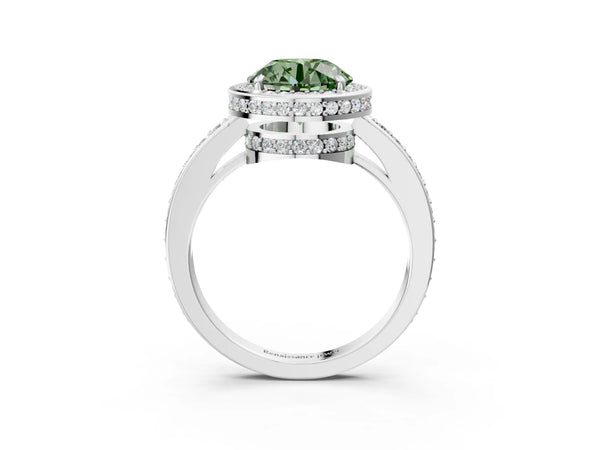 Platinum Fancy Green Round  Halo Pave Band Solitaire Ring with Prong Setting