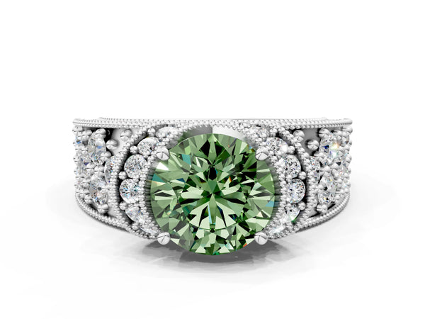 White gold Fancy Green Round  Halo Pave Diamond Engagement Ring with Milgrain Detailing