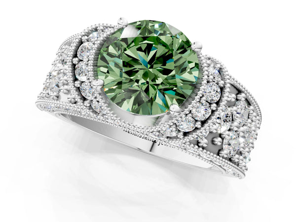 White gold Fancy Green Round  Halo Pave Diamond Engagement Ring with Milgrain Detailing
