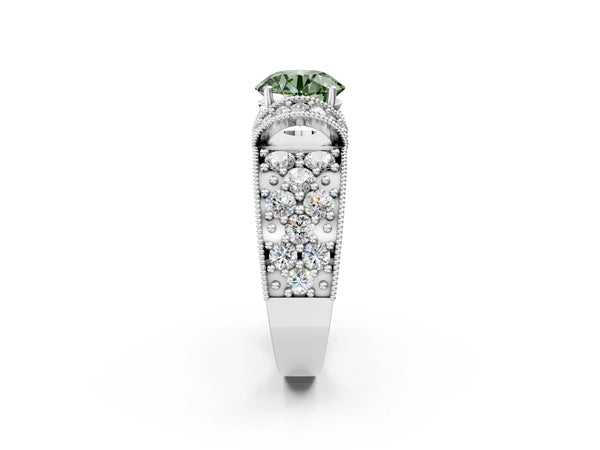 White gold Fancy Green Round  Halo Pave Diamond Engagement Ring with Milgrain Detailing