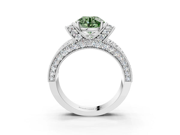 White gold Fancy Green Round  Halo Pave Diamond Engagement Ring with Milgrain Detailing