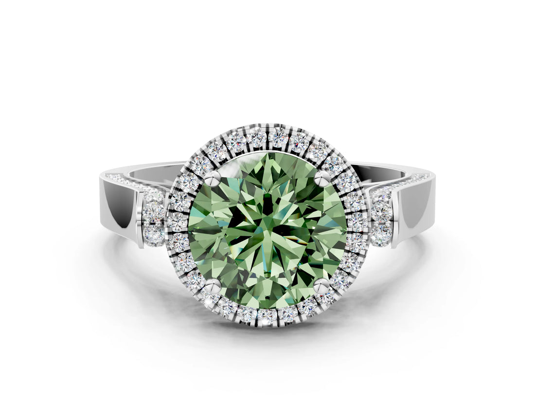 White gold Fancy Green Round  Halo Pave Split Shank Prong Setting Ring_26