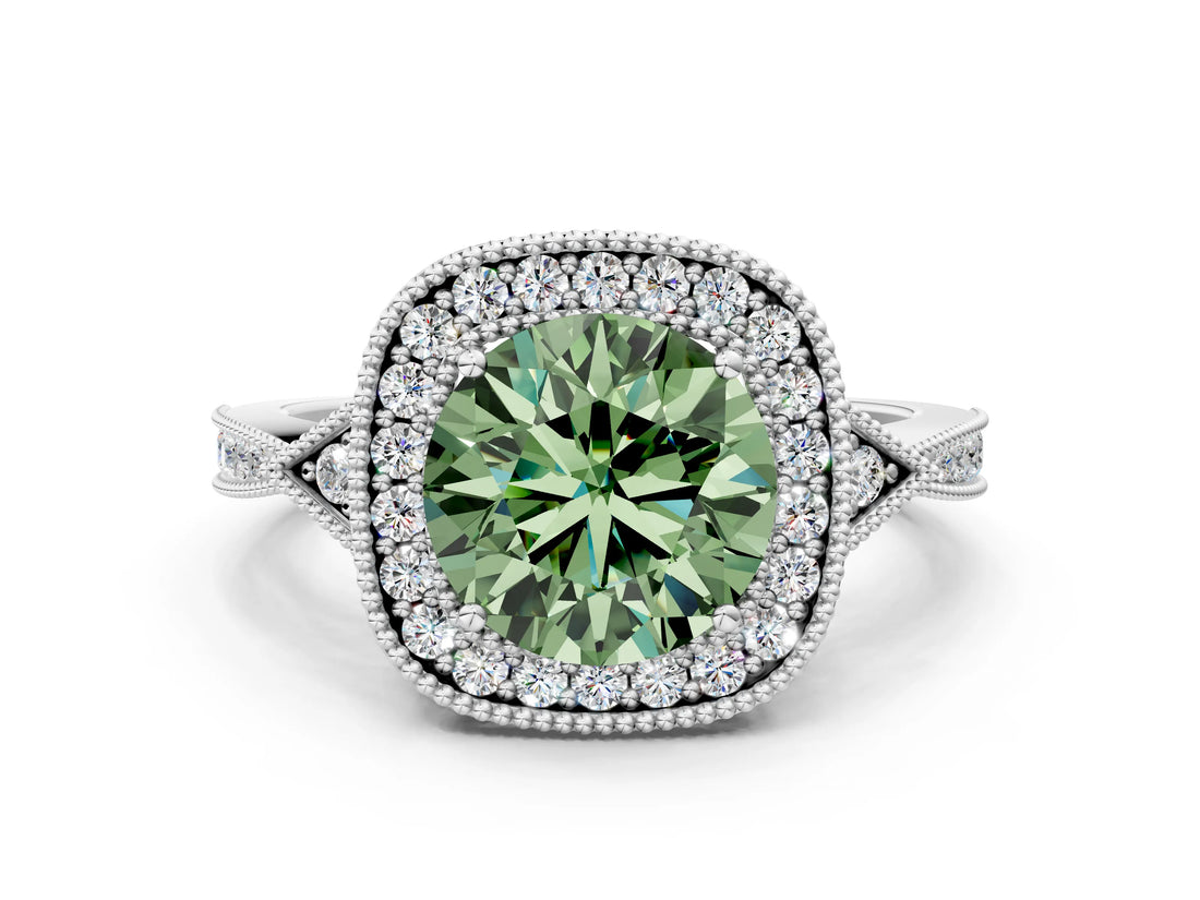 White gold Fancy Green Round  Halo Round Diamond Milgrain Pave Engagement Ring_9