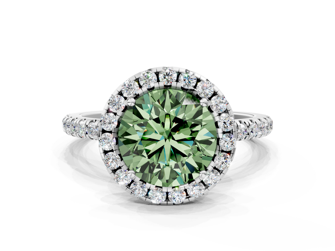 White gold Fancy Green Round  Halo Round Diamond Pavé Band Four-Prong Ring_3