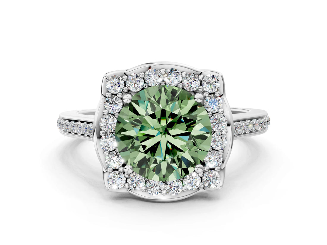 White gold Fancy Green Round  Halo Round Diamond Pave Band with Four-Prong Setting_50