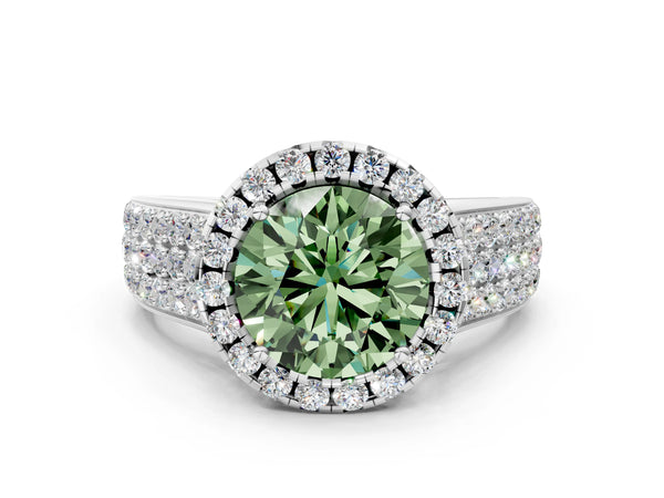 Platinum Fancy Green Round  Halo Round Diamond Pave Band with Prong Setting