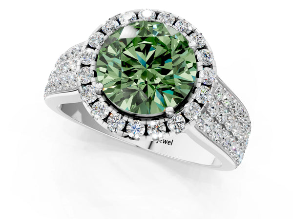 Platinum Fancy Green Round  Halo Round Diamond Pave Band with Prong Setting