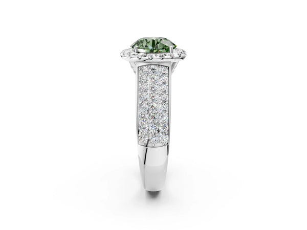 Platinum Fancy Green Round  Halo Round Diamond Pave Band with Prong Setting