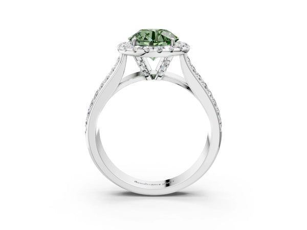 Platinum Fancy Green Round  Halo Round Diamond Pave Band with Prong Setting