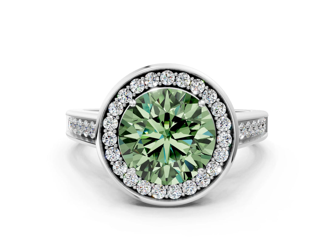 White gold Fancy Green Round  Halo Solitaire Diamond Ring with Pave Band and Bezel Setting_49