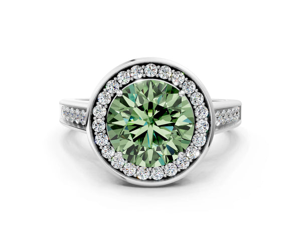 Platinum Fancy Green Round  Halo Solitaire Diamond Ring with Pave Band and Bezel Setting