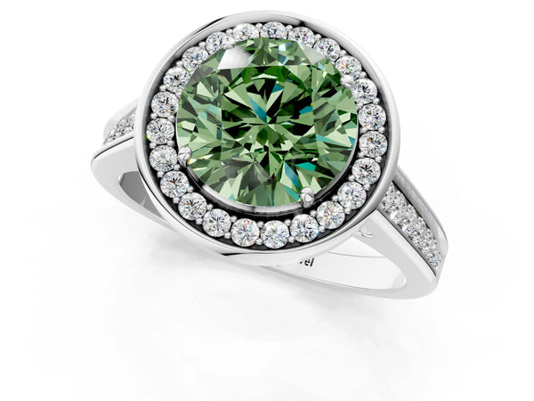 Platinum Fancy Green Round  Halo Solitaire Diamond Ring with Pave Band and Bezel Setting