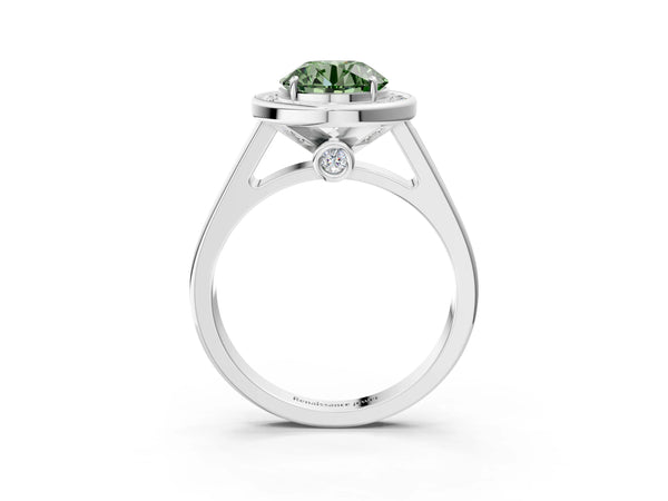 Platinum Fancy Green Round  Halo Solitaire Diamond Ring with Pave Band and Bezel Setting