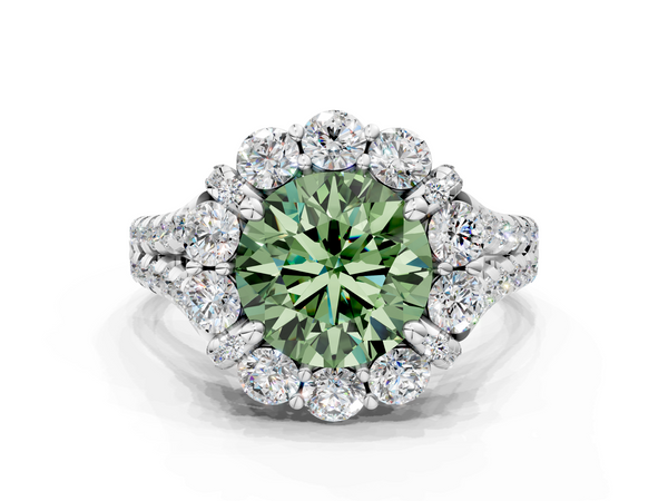 Platinum Fancy Green Round  Halo Split Shank Diamond Engagement Ring with Pave Band and Four-Prong Setting