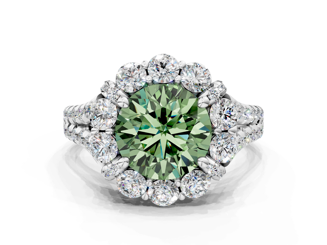 White gold Fancy Green Round  Halo Split Shank Diamond Engagement Ring with Pave Band and Four-Prong Setting_54