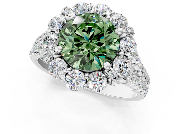 Platinum Fancy Green Round  Halo Split Shank Diamond Engagement Ring with Pave Band and Four-Prong Setting