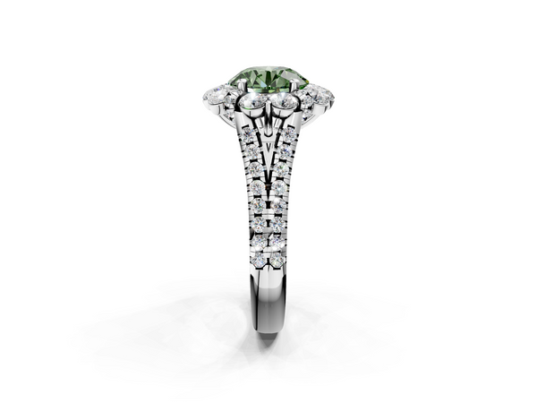 Platinum Fancy Green Round  Halo Split Shank Diamond Engagement Ring with Pave Band and Four-Prong Setting