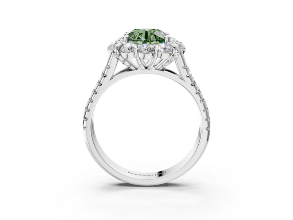Platinum Fancy Green Round  Halo Split Shank Diamond Engagement Ring with Pave Band and Four-Prong Setting