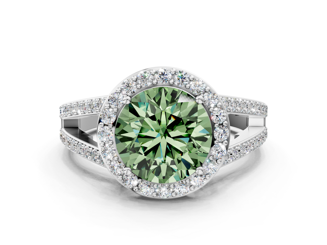White gold Fancy Green Round  Halo Split Shank Diamond Ring with Four-Prong Setting_32